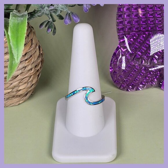 Sterling Silver Wave Ring With Simulated Blue Opal Inlay Size 10 - Picture 1 of 7